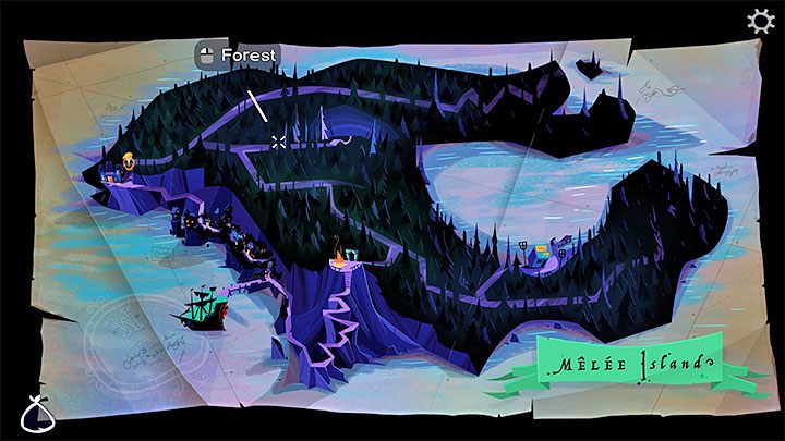 Dotrzyjcie do Lookout Point lub do przejścia za Governors Mansion żeby wywołać ekran mapy wyspy Melee Island - Return to Monkey Island: Zdobycie przebrania (Get a disguise) - solucja, opis przejścia - Return to Monkey Island - poradnik do gry