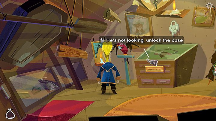 2) Użyjcie klucza do otwarcia gabloty - dzięki odwróceniu uwagi papugi nie doprowadzi ona do wszczęcia alarmu - Return to Monkey Island: Zdobycie przebrania (Get a disguise) - solucja, opis przejścia - Return to Monkey Island - poradnik do gry