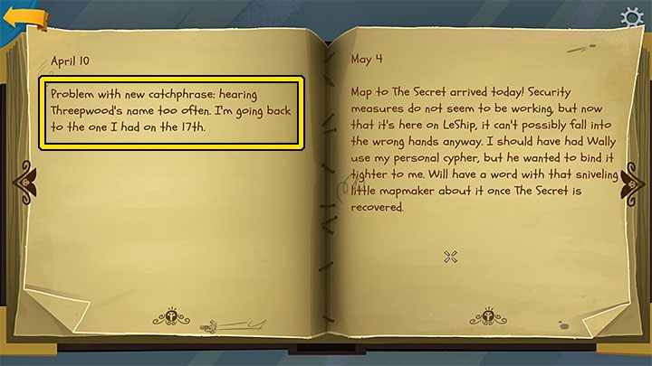 Od razu otwórzcie dziennik po wybraniu go z inwentarza, bo dzięki jego lekturze musicie poznać aktualne ulubione powiedzonko LeChucka - Return to Monkey Island: Poznanie sekretów LeChucka (Learn LeChucks secrets) - solucja, opis przejścia - Return to Monkey Island - poradnik do gry