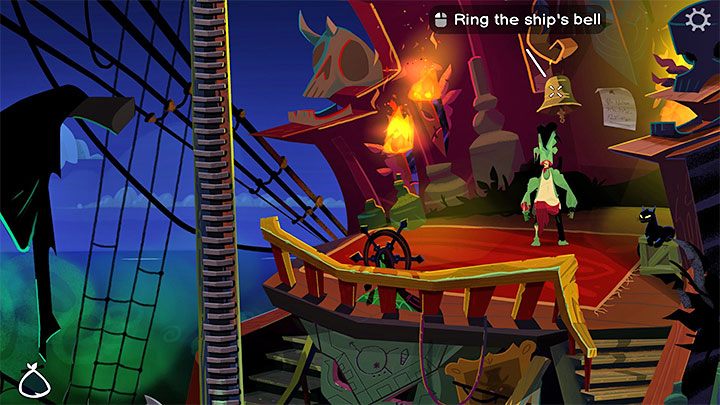 Dotrzyjcie się na główny pokład i udajcie się w prawo, do obszaru ze sterem - Return to Monkey Island: Poznanie sekretów LeChucka (Learn LeChucks secrets) - solucja, opis przejścia - Return to Monkey Island - poradnik do gry