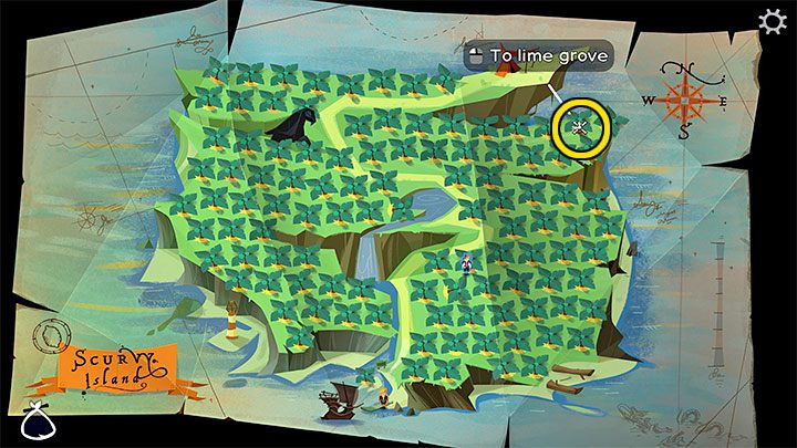 Wyruszcie teraz do Scurvy Island i z mapy wyspy wybierzcie tę część gaju, gdzie widoczna jest mewa - zaznaczyliśmy to na powyższym obrazku - Return to Monkey Island: Złoty klucz Bella Fisher (Bella Fishers Golden Key) - solucja, opis przejścia - Return to Monkey Island - poradnik do gry