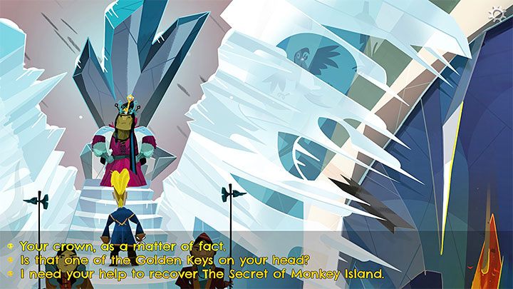 Na górze spotkacie Lodową Królową (Ice Queen), która ma założoną koronę ze złotym kluczem - Return to Monkey Island: Złoty klucz Brrr Muda Island (Brrr Muda Island Golden Key) - solucja, opis przejścia - Return to Monkey Island - poradnik do gry