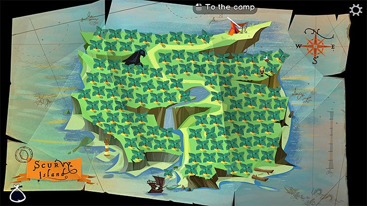 Odwiedźcie wyspę Scurvy Island i po wyświetleniu jej mapy dotrzyjcie do obozowiska (Camp) - Return to Monkey Island: Zdobycie 5 kluczy do sejfu (Get the 5 keys for the safe) - solucja, opis przejścia - Return to Monkey Island - poradnik do gry