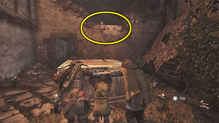 Wózek można przepchnąć w dwa różne miejsca i najpierw musicie dotrzeć z nim do opcjonalnej wyższej półki pokazanej na dołączonym obrazku - Plague Tale Requiem: Sekretne skrzynie z rozdziału 13 (Nic nie zostało) - lista - A Plague Tale Requiem - poradnik do gry
