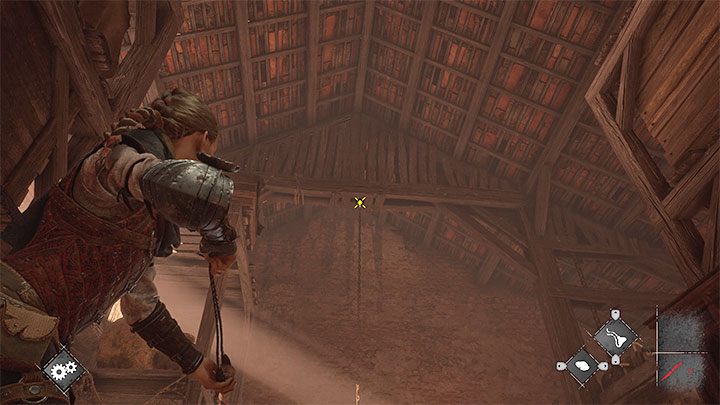 Zejdźcie na dół i wycelujcie z procy w zaczep przy suficie pokazany na dołączonym obrazku - Plague Tale Requiem: Ucieczka z fortu (Escape the fort) - solucja, opis przejścia - A Plague Tale Requiem - poradnik do gry