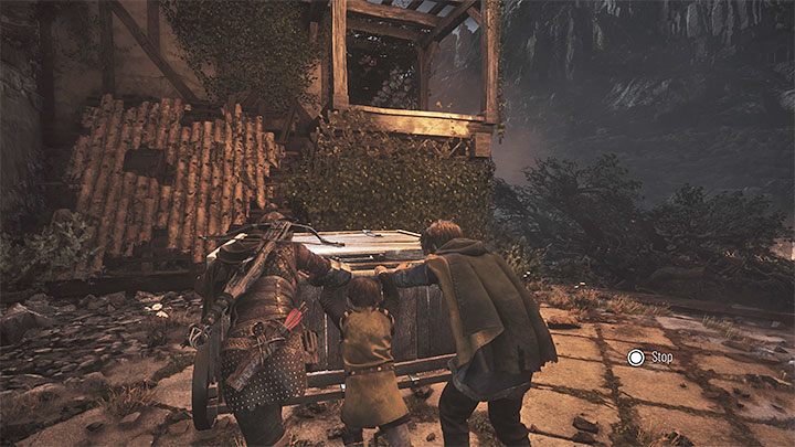 Zeskoczcie na dół i tym razem przesuńcie wózek na kółkach w stronę prawej półki (dołączony obrazek) - Plague Tale Requiem: Dotarcie do portu (Reach the port) - solucja, opis przejścia - A Plague Tale Requiem - poradnik do gry