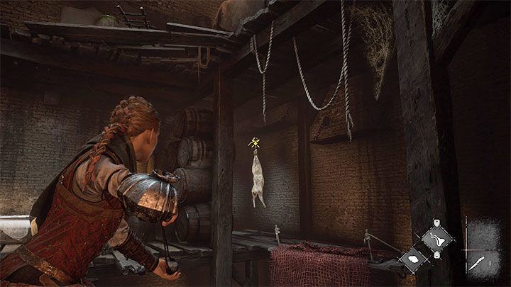 Użyjcie procy na mięsie wiszącym w 2 różnych miejscach - szczury dotrą do miejsc, w których wyląduje mięso - Plague Tale Requiem: Wydostanie się z podziemi areny (Exit the arenas underground) - solucja, opis przejścia - A Plague Tale Requiem - poradnik do gry