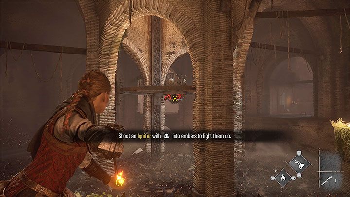 Wycelujcie w żarzące się węgle z centralnej platformy - Plague Tale Requiem: Wydostanie się z podziemi areny (Exit the arenas underground) - solucja, opis przejścia - A Plague Tale Requiem - poradnik do gry