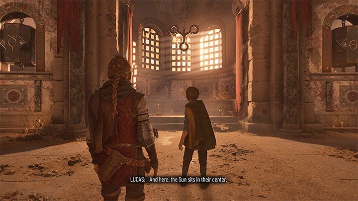 Idźcie prosto, a dotrzecie do zagadki z symbolami - polega ona na obracaniu dzwonami po to żeby utworzyć prawidłową ich kombinację - Plague Tale Requiem: Wydostanie się z podziemi areny (Exit the arenas underground) - solucja, opis przejścia - A Plague Tale Requiem - poradnik do gry