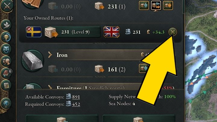 Чтобы отозвать торговый путь, просто выберите интересующие вас товары из списка, а затем нажмите крестик рядом с маршрутом - Виктория 3: Как обозначить торговые пути? - Виктория 3 Руководство по игре
