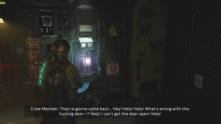 Dotrzyjcie do zamkniętych drzwi i wykonajcie atak wręcz na konsoli na ścianie (powyższy obrazek) - Dead Space Remake: Nowi przybysze (New Arrivals) - Dead Space Remake - poradnik do gry