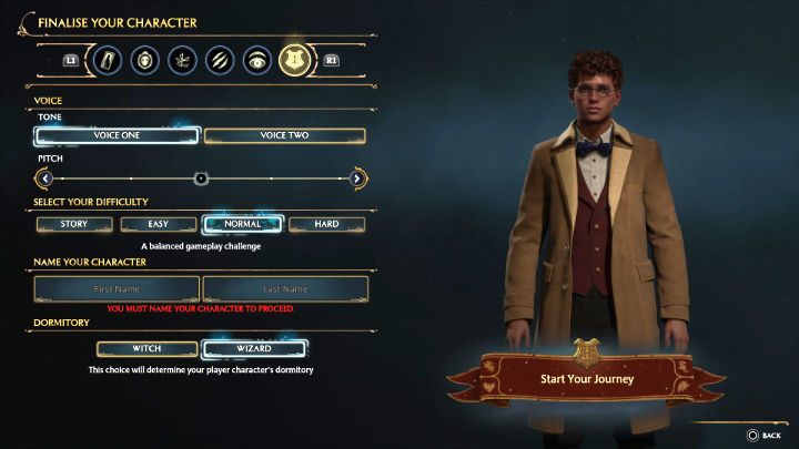 Zanim zakończycie proces tworzenia nowej postaci w grze Hogwarts Legacy, będziecie mogli nazwać swoją postać, a także zdecydować o jej płci i wybrać dla niej głos (kobiecy lub męski), jak i dostosować ton głosu, aby uczynić bohatera jeszcze bardziej unikatowym - Hogwarts Legacy: Kreator postaci - Hogwarts Legacy - poradnik do gry
