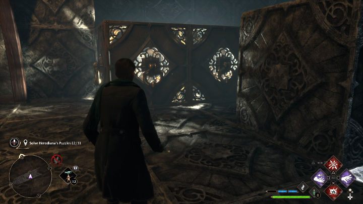 Ustawcie się w taki sposób, abyście mogli pchnąć element (Depulso) do ściany naprzeciwko, gdzie znajduje się skrzynia - Hogwarts Legacy: Sala Herodiany (The Hall of Herodiana) - Hogwarts Legacy - poradnik do gry