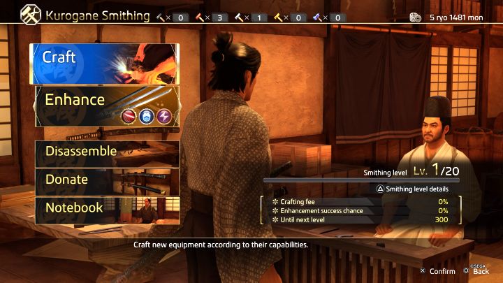 Najważniejsze opcje w menu Kurogane Smithing to - Like a Dragon Ishin: Crafting w Kurogane Smithing - Like a Dragon Ishin - poradnik do gry
