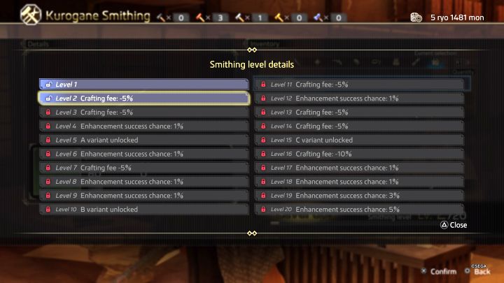 W miarę przechodzenia gry kuźnia może być rozwijana i awansować na kolejne poziomy Smithing Level - Like a Dragon Ishin: Crafting w Kurogane Smithing - Like a Dragon Ishin - poradnik do gry