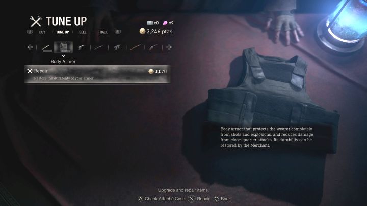 Pancerz możecie naprawiać u handlarza - przejdźcie do zakładki Tune Up i następnie do Body Armor - Resident Evil 4 Remake: Czy można używać pancerza (Armor)? - Resident Evil 4 Remake - poradnik do gry