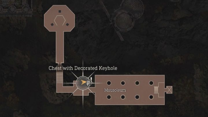 Trzecia zamknięta skrzynia jest w kryptach Mausoleum i przechodzi się obok niej po ominięciu ożywionych zbroi z głównej części mauzoleum - Resident Evil 4 Remake: Sekrety Chest with Decorated Keyhole - Resident Evil 4 Remake - poradnik do gry