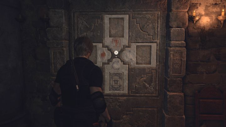 Ze wszystkimi kamieniami dotrzyjcie do zablokowanego północnego wyjścia - to ściana Wall with Four Slots - Resident Evil 4 Remake: Zagadka z Lithographic Stones z Bindery (rozdział 8) - Resident Evil 4 Remake - poradnik do gry