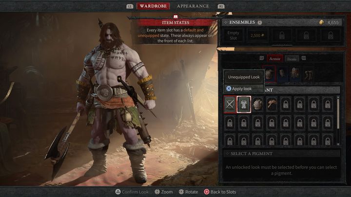 W zakładce garderoba (Wardrobe) możecie zmienić wygląd ekwipunku bez wpływu na statystki (Transmog) - Diablo 4: Jak zmienić płeć i wygląd? - Diablo 4 - poradnik do gry