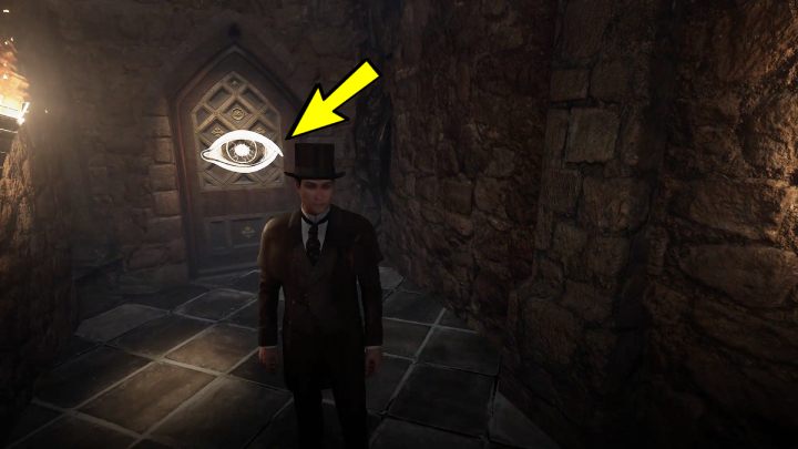 Gdy zauważycie oko na drzwiach przez, które przed chwilą przeszliście, wejdźcie w tryb koncentracji (concetration) - Sherlock Holmes The Awakened: Wizje Sherlocka Holmesa, podziemia magazynu - Sherlock Holmes The Awakened - solucja