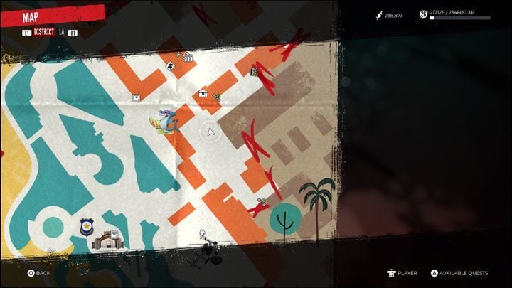Kursor gracza na powyższym zdjęciu wskazuje dokładne położenie czerwonego auta Jo - Dead Island 2: Skrytka na czarną godzinę Jo(Jos Rainy Day Stash) - Dead Island 2 - poradnik do gry