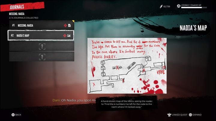 Czerwonym znakiem X zaznaczone są cztery lokacje, do których musicie się udać - Dead Island 2: Zaginiona osoba Nadia (Missing Nadia) - Dead Island 2 - poradnik do gry