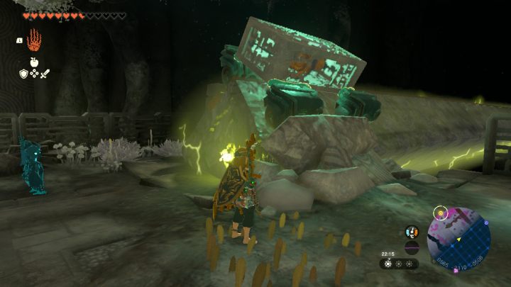 Przymocujcie do skrzyni 4 koła i połóżcie ją na przewróconej kolumnie, tak jak jest to pokazane na powyższym obrazku - Zelda TotK: Find the Fifth Sage - Zelda Tears of the Kingdom - poradnik do gry
