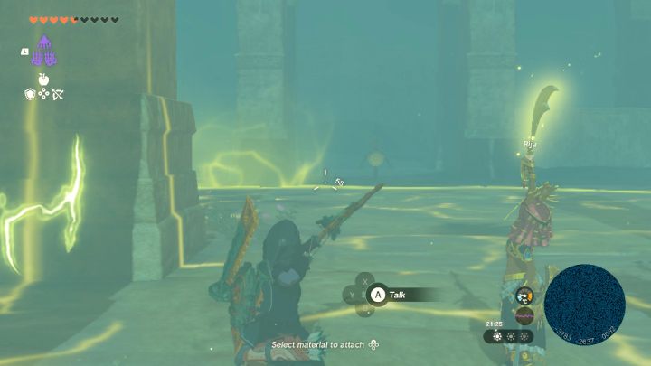 Gdy skończycie rozmawiać z Riju, wystrzelcie strzałę w stronę kukły, gdy dosięgnie ją żółte światło - Zelda TotK: Riju of Gerudo Town - opis przejścia - Zelda Tears of the Kingdom - poradnik do gry