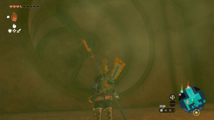 Przejdźcie przez poruszające się ostrza do następnej komnaty i wyjmijcie ze ściany luźne cegły, aby odsłonić światło - Zelda TotK: Riju of Gerudo Town - opis przejścia - Zelda Tears of the Kingdom - poradnik do gry