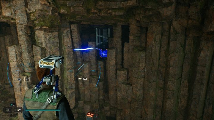 Zanim zeskoczycie z wyżej omówionej platformy, zerknijcie w stronę skrzyni znajdującej się na dole - Jedi Survivor: Szczelina - lista sekretów - Star Wars Jedi Survivor - poradnik do gry