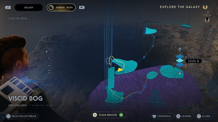 Skorzystajcie z windy i po chwili wyskoczcie z niej przez dziurę w ścianie - wypatrujcie momentu, w którym trochę się rozjaśnia od słonecznego światła - Jedi Survivor: Grząskie Bagno - lista sekretów - Star Wars Jedi Survivor - poradnik do gry