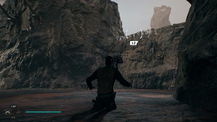 Na tym samym wzniesieniu znajdziecie linkę, dzięki której możecie przedostać się na kolejną w połowie drogi (musicie zeskoczyć w odpowiednim momencie) - Jedi Survivor: Grząskie Bagno - lista sekretów - Star Wars Jedi Survivor - poradnik do gry