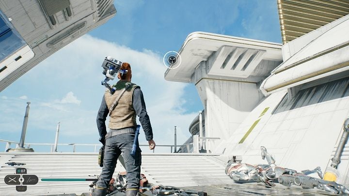 Po pokonaniu ich, udajcie się na wysoką półkę, korzystając z linki z hakiem - Jedi Survivor: Korytarz Diagnostyczny - lista sekretów - Star Wars Jedi Survivor - poradnik do gry