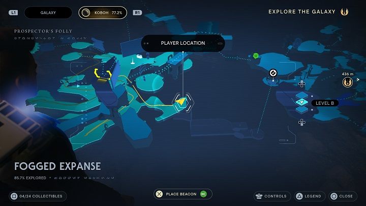 Traficie do niewielkiej jaskini, gdzie w oświetlonym obszarze jest skrzynia - Jedi Survivor: Mglisty przestwór - lista sekretów - Star Wars Jedi Survivor - poradnik do gry