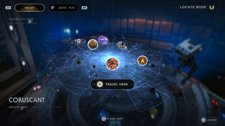 Wskaźnik procentowy może też pojawiać się po najechaniu na planetę lub inną główną lokację na mapie galaktyki - Star Wars Jedi Survivor: Jak zaliczyć planetę w 100%? - Star Wars Jedi Survivor - poradnik do gry