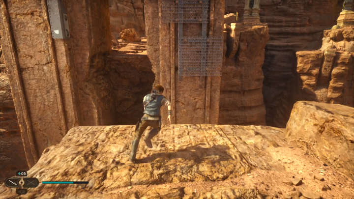 Po dotarciu do miejsca z powyższego obrazka połączcie podwójny skok z doskokiem w powietrzu, aby dolecieć do kratek - Star Wars Jedi Survivor: Dotrzyj do Sanktuarium Pielgrzyma (Reach Pilgrims Sanctuary) - Star Wars Jedi Survivor - poradnik do gry