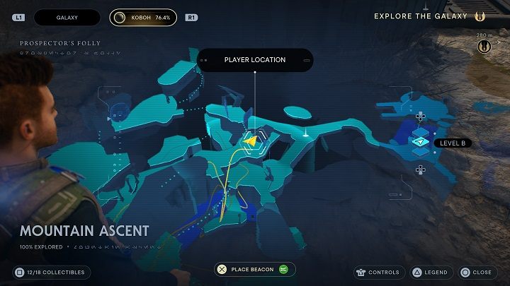 Wróćcie się na półkę, z której wskakiwaliście do wyżej wspomnianej jaskini, i udajcie się na prawo do niewielkiego budynku - Jedi Survivor: Górskie wzniesienie - lista sekretów - Star Wars Jedi Survivor - poradnik do gry