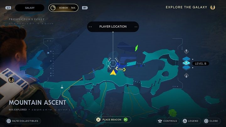 Wróćcie się do miejsca z zielonymi barierami, a następnie udajcie się w prawo w stronę grupki przeciwników - Jedi Survivor: Górskie wzniesienie - lista sekretów - Star Wars Jedi Survivor - poradnik do gry