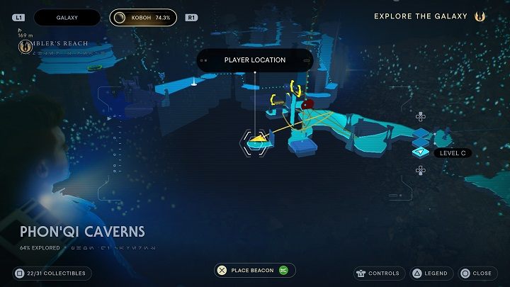 Wróćcie się do miejsca z windą i skoczcie w dół - pamiętajcie by wbić się w barierę umiejętnością doskoku - Jedi Survivor: Jaskinie PhonQi - lista sekretów (część 2) - Star Wars Jedi Survivor - poradnik do gry