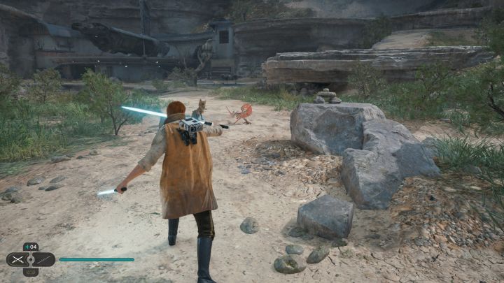 Po tym jak znajdziecie się dostatecznie blisko droida złomiarza rzućcie w niego mieczem świetlnym - Star Wars Jedi Survivor: Jak złapać droida złomiarza? - Star Wars Jedi Survivor - poradnik do gry