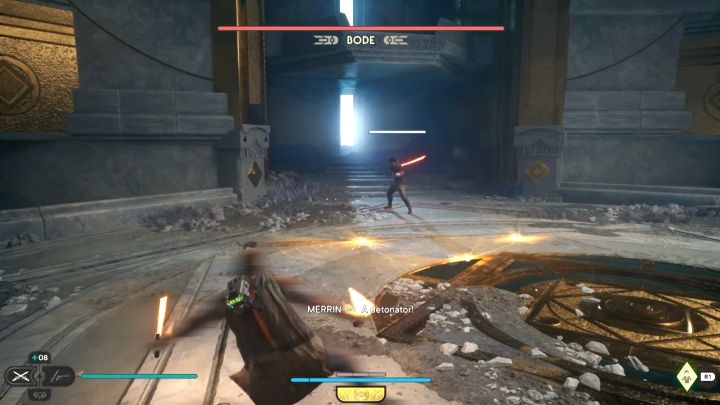Bode od samego początku starcia lubi rozrzucać na arenie wybuchowe pułapki - Jedi Survivor: Jak pokonać końcowego bossa Bode Akuna? - Star Wars Jedi Survivor - poradnik do gry