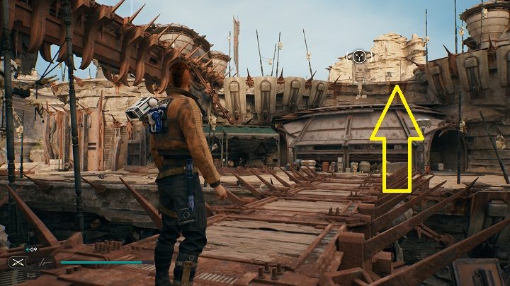 Opuśćcie hangar i udajcie się na prawo, aby skorzystać ze ścieżki prowadzącej na górę - Jedi Survivor: Fort KahLin - lista sekretów - Star Wars Jedi Survivor - poradnik do gry