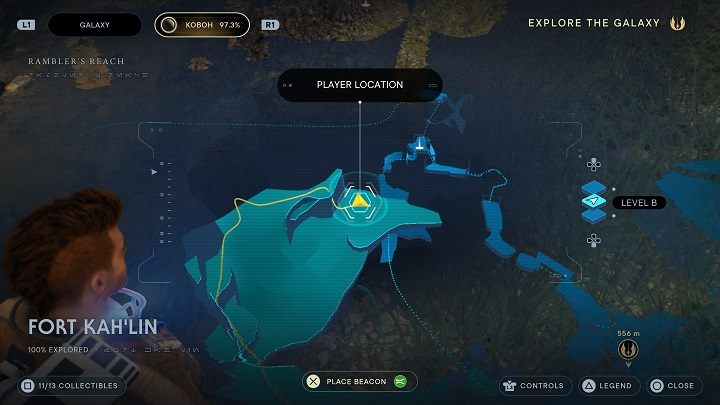 Zeskoczcie na dół i udajcie się do pobliskiego miejsca, w którym kończy się strumyczek - Jedi Survivor: Fort KahLin - lista sekretów - Star Wars Jedi Survivor - poradnik do gry