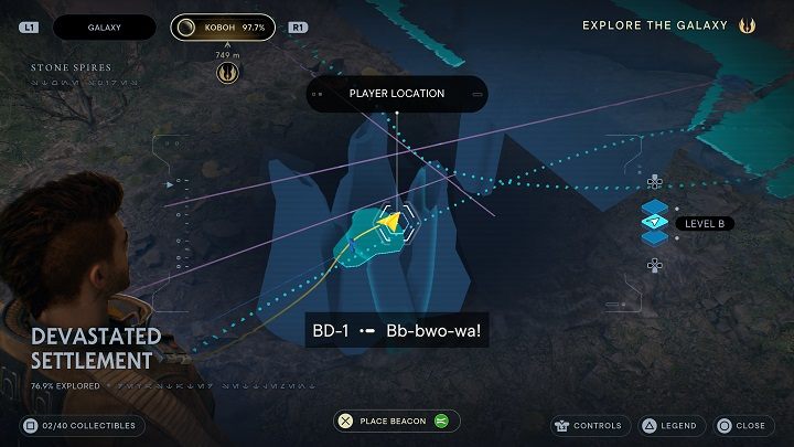 Wracajcie do miejsca medytacji i skorzystajcie z pomocy latające stworzenia, aby przelecieć na platformę na wprost - Jedi Survivor: Zniszczona Osada na planecie Koboh (część 1) - Star Wars Jedi Survivor - poradnik do gry