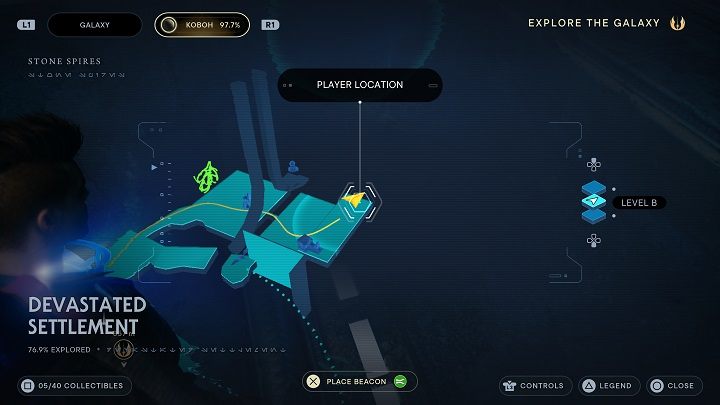 Przeciśnijcie się przez szczelinę i po dużym bloku (po uprzednim popchnięciu pod półkę) wskoczcie na górę - Jedi Survivor: Zniszczona Osada na planecie Koboh (część 1) - Star Wars Jedi Survivor - poradnik do gry