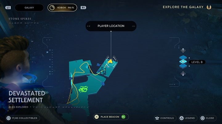 Zeskoczcie na dół - uważajcie na Goroko - i przedostańcie się do komnaty obok, wskakując na wysoką półkę - Jedi Survivor: Zniszczona Osada na planecie Koboh (część 1) - Star Wars Jedi Survivor - poradnik do gry