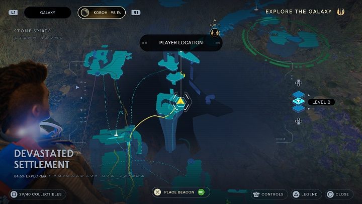 Z pomocą latającego stworzenia dostańcie się na platformę widoczną w oddali - Jedi Survivor: Zniszczona Osada - lista sekretów (część 2) - Star Wars Jedi Survivor - poradnik do gry