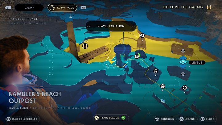 Wejdźcie na pnącza na wprost i zacznijcie się przemieszczać po nich, aby po chwili zeskoczyć na półkę - Jedi Survivor: Placówka Azyl Wędrowca - lista sekretów (część 1) - Star Wars Jedi Survivor - poradnik do gry