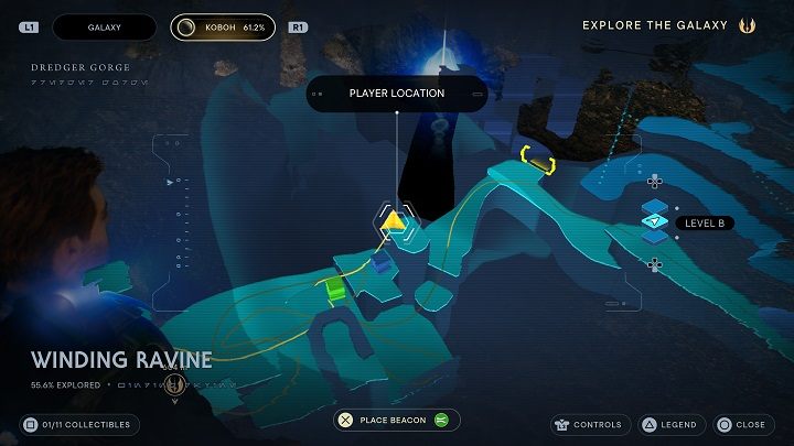 Idąc dalej po ścianach od poprzedniej znajdźki, dotrzecie do drugiej skrzyni, której będziecie mogli użyć jako podstawy do przepchnięcia tamtej, którą wykorzystaliście wcześniej - Jedi Survivor: Kręty Wąwóz - lista sekretów - Star Wars Jedi Survivor - poradnik do gry