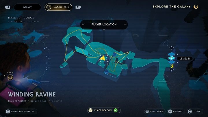 Następnie przeskakując ze ściany dostaniecie się do skrzyni skrywającej element kosmetyczny Kozia Bródka - Jedi Survivor: Kręty Wąwóz - lista sekretów - Star Wars Jedi Survivor - poradnik do gry